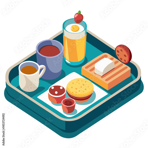 Breakfast Tray with Assorted Foods and Drinks  