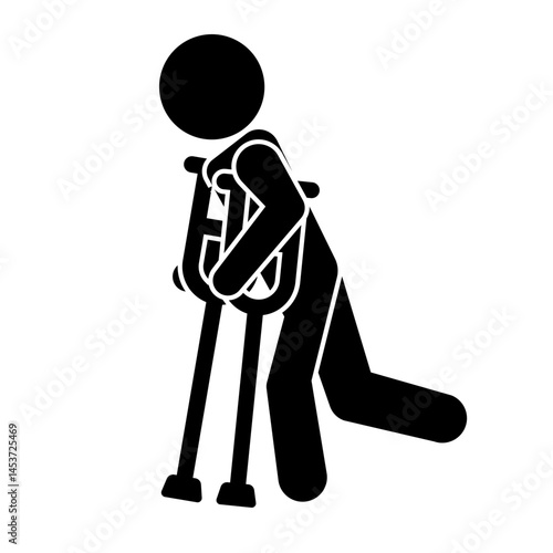 Person moving with crutches silhouette icon. Vector.