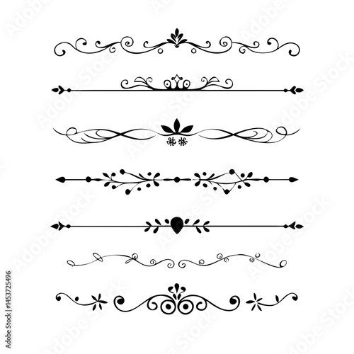 calligraphic design Text dividers doodle set. Wedding decorative elements. Divider ornament, borders, vintage line separators. Hand drawn vector illustration isolated on white back and page decoration