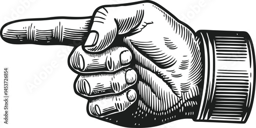 Hand with pointing finger drawn in vintage engraving style, detailed retro illustration in black and white

