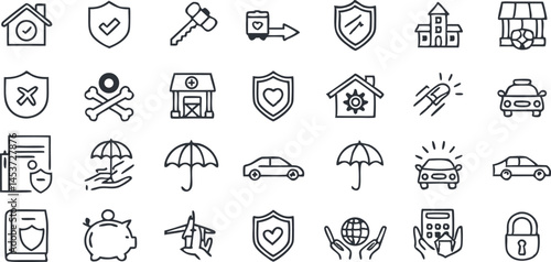 Insurance and Protection Editable Stroke Outline Icons Set Isolated on White Background - Flat Vector Illustration. Pixel Perfect. 64 x 64.