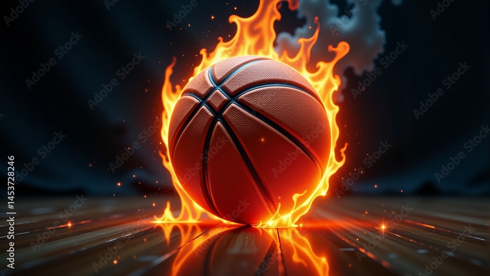 Obraz premium Burning Basketball Ball On Wooden Court