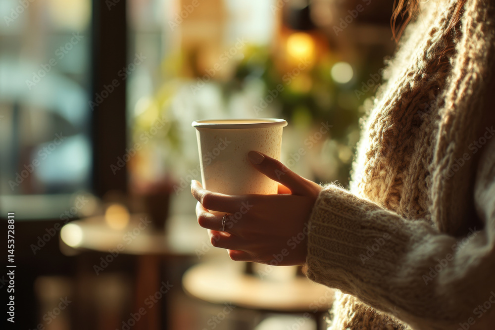 Hand holding a textured disposable coffee cup indoors, surrounded by warm industrial lighting and wooden furniture in a contemporary café.