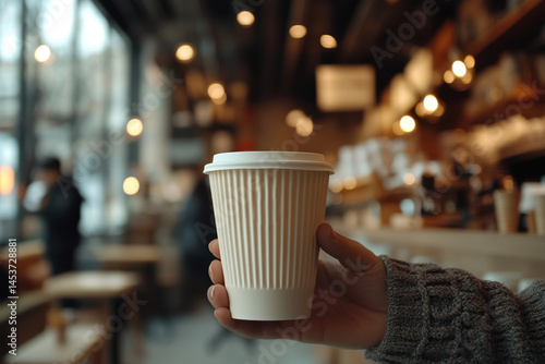 Obraz na płótnie Disposable cup of coffee held mid-frame with blurred indoor café scene, warm lighting, and visible patrons in soft focus. w salonie