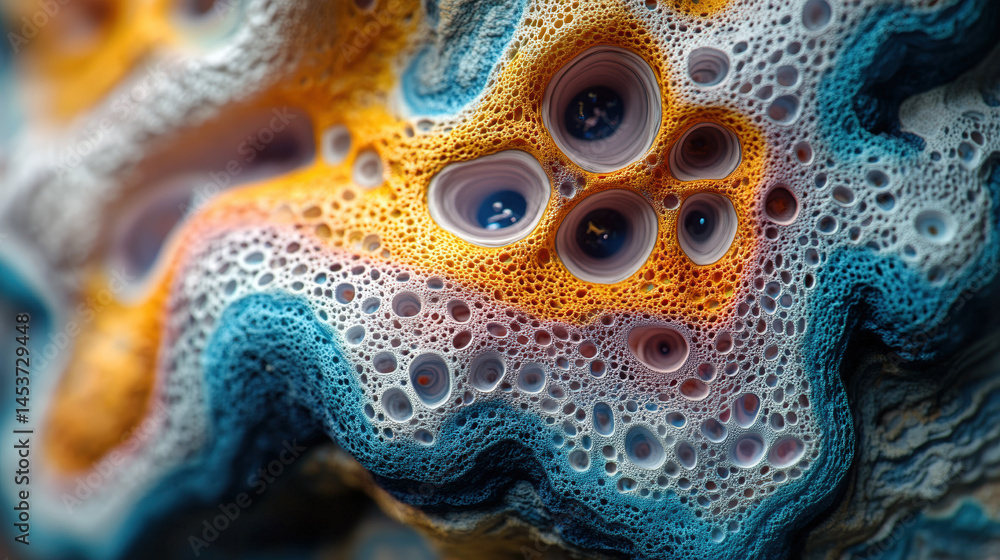 Abstract textured surface with swirling colors, numerous small and large holes, and eye-like formations Abstract textured surface with swirling colors, numerous small and large holes, and eye-like formations