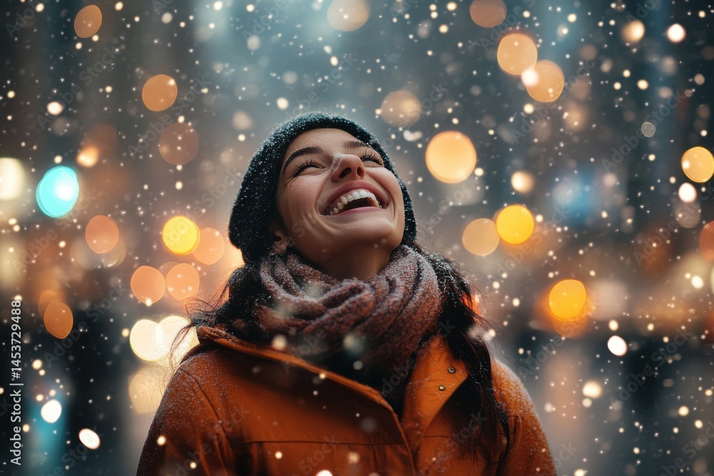 Joyful young woman laughing in the rain under glowing city lights at night, head tilted back, wet hair and radiant smile.
