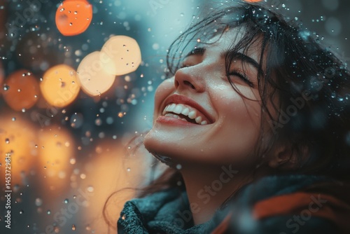 Obraz na płótnie Smiling woman standing in pouring rain, eyes shut, embracing nature and emotion amidst glowing bokeh backdrop. w salonie