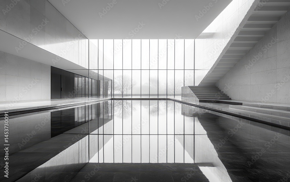 Obraz premium Modern interior architecture featuring a tranquil pool.