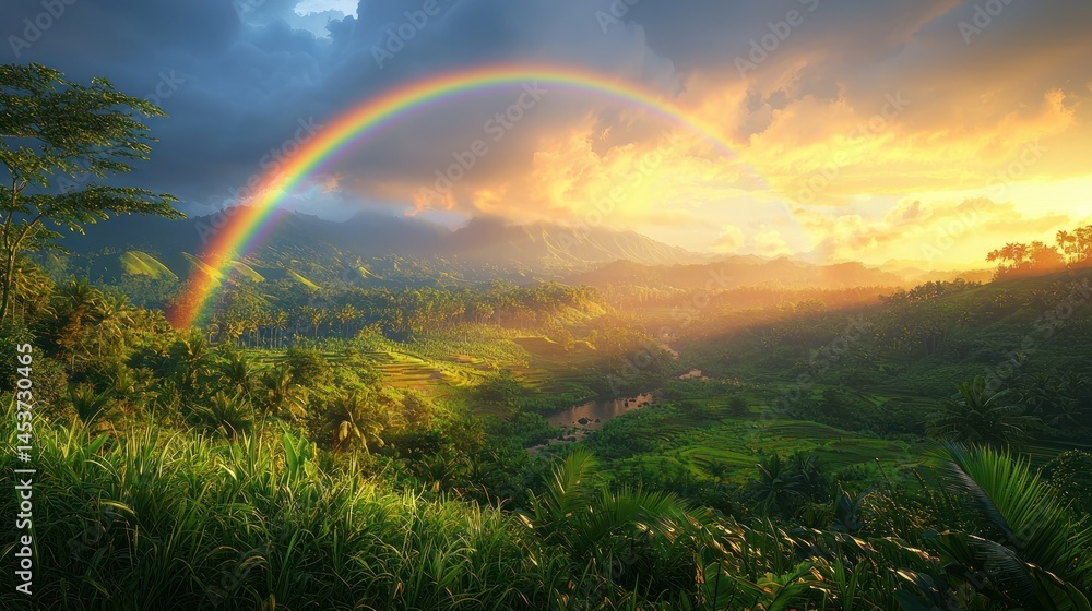 Naklejka premium Rainbow arches over lush valley at sunset