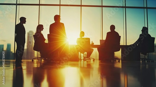 Silhouetted executives engaging in strategic discussions in high-rise office
