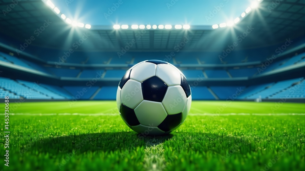 Naklejka premium Soccer Ball On Stadium Field Grass