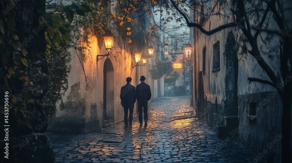 Fototapeta premium Two men walking evening cobblestone street dark romantic cityscape old lamp town path lane mood night