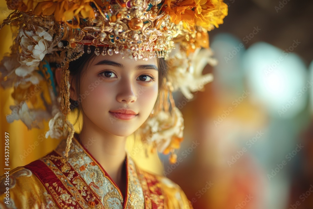 Portrait of Woman in Traditional Asian Headdress and Ornate Festival Costume