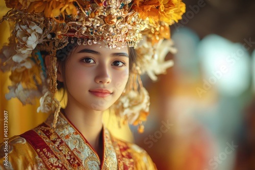 Obraz na płótnie Portrait of Woman in Traditional Asian Headdress and Ornate Festival Costume w salonie