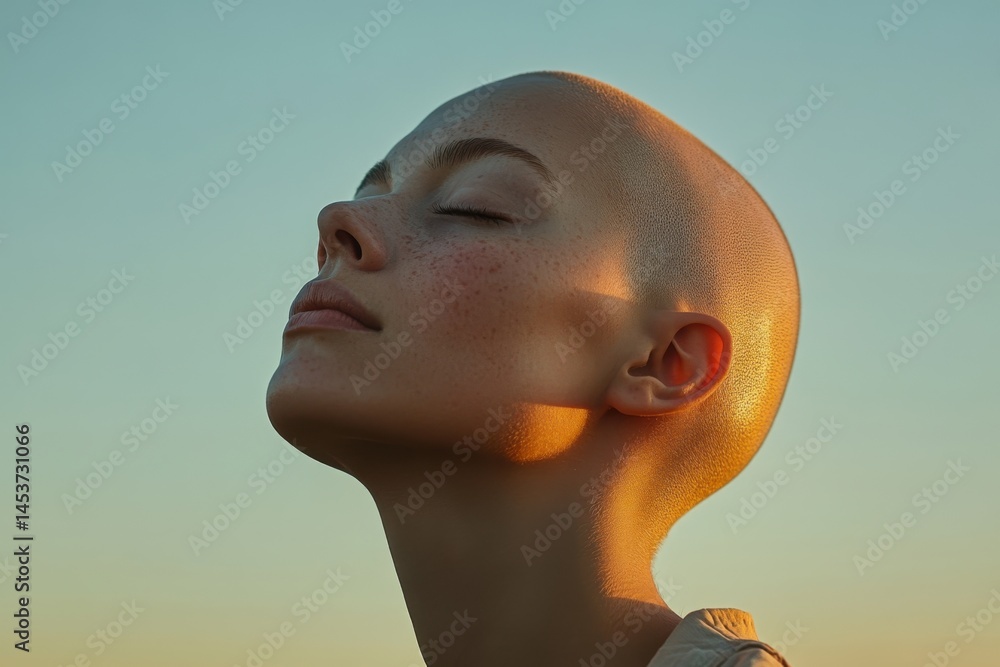 portrait of bald person with smooth skin and peaceful expression, head tilted back in soft evening light.