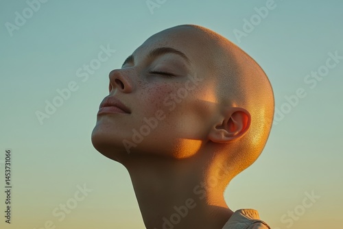 portrait of bald person with smooth skin and peaceful expression, head tilted back in soft evening light.