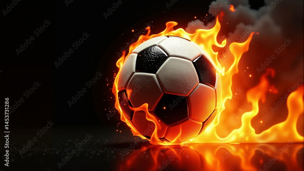 Fototapeta premium Soccer Ball In Flames On Dark Background