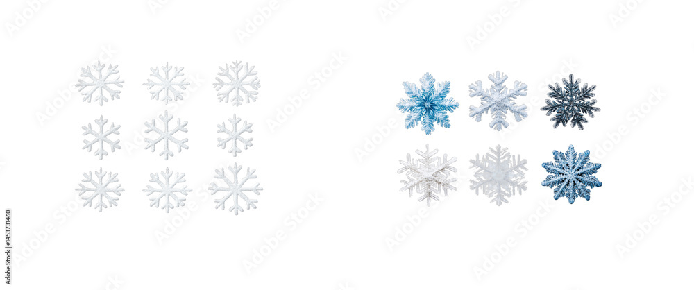 Variety of snowflake decorations arrangement, group of objects. cut out transparent Variety of snowflake decorations arrangement, group of objects. cut out transparent