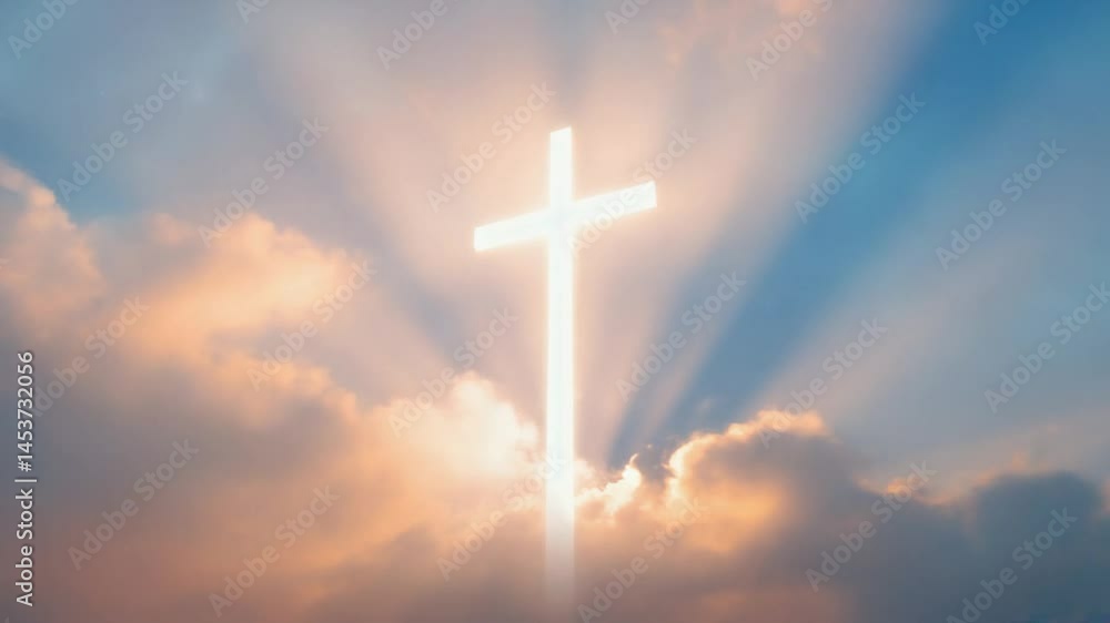 Glowing Cross Silhouette against Dramatic Sky with Sun Rays Glowing Cross Silhouette against Dramatic Sky with Sun Rays