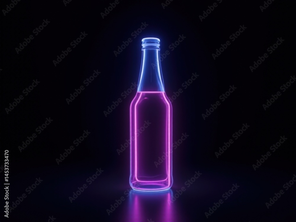 Glowing neon bottle against dark background with reflected light. Glowing neon bottle against dark background with reflected light.