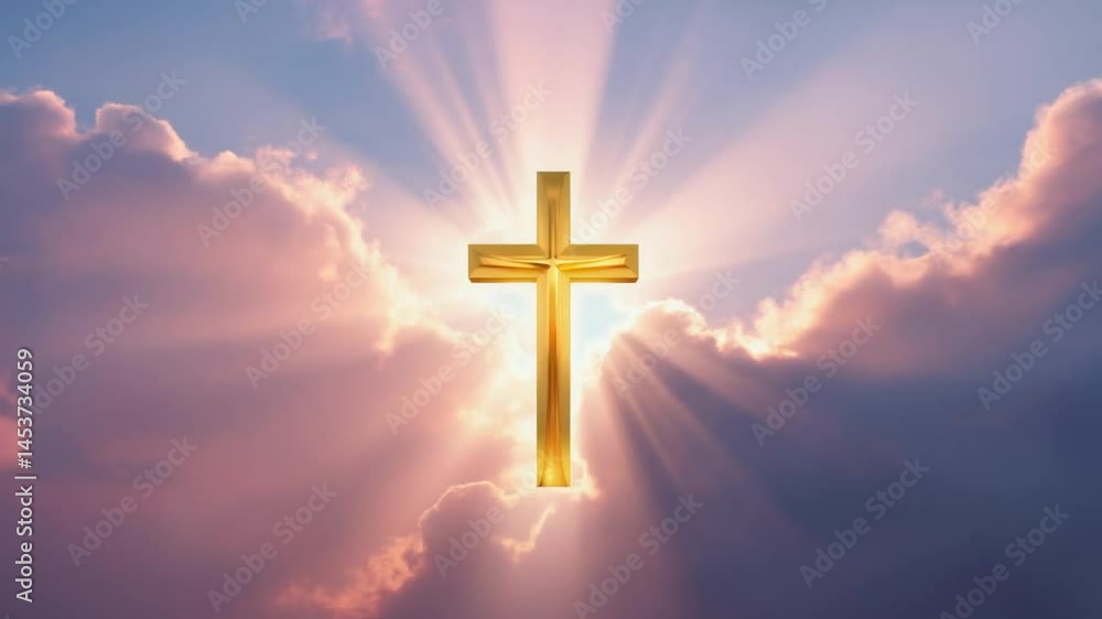 Golden Symbol Against Sky with Light Rays Shining Through Clouds Golden Symbol Against Sky with Light Rays Shining Through Clouds
