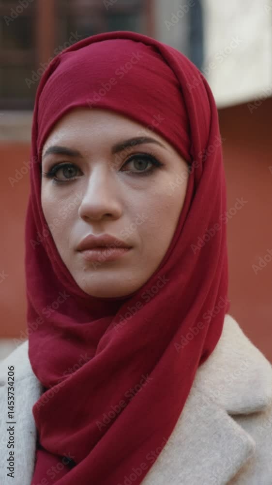 A striking profile of a woman in a vibrant red hijab set against a soft background A striking profile of a woman in a vibrant red hijab set against a soft background