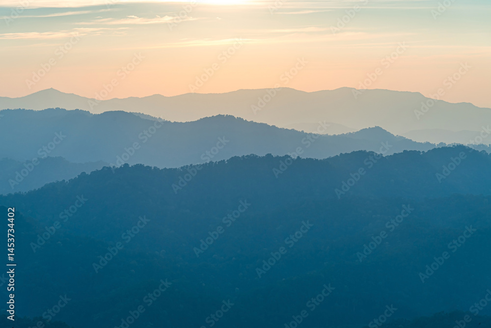 Obraz premium Layers of Mountain Noen Chang Suek view point Pilok, Kanchanaburi, Thailand.