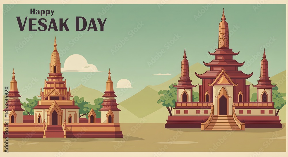 Naklejka premium Happy Vesak Day: Vintage Illustration of Buddhist Temples