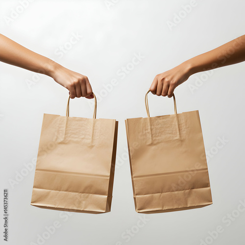 Two hands holding brown paper bags with handles against a plain white studio background view