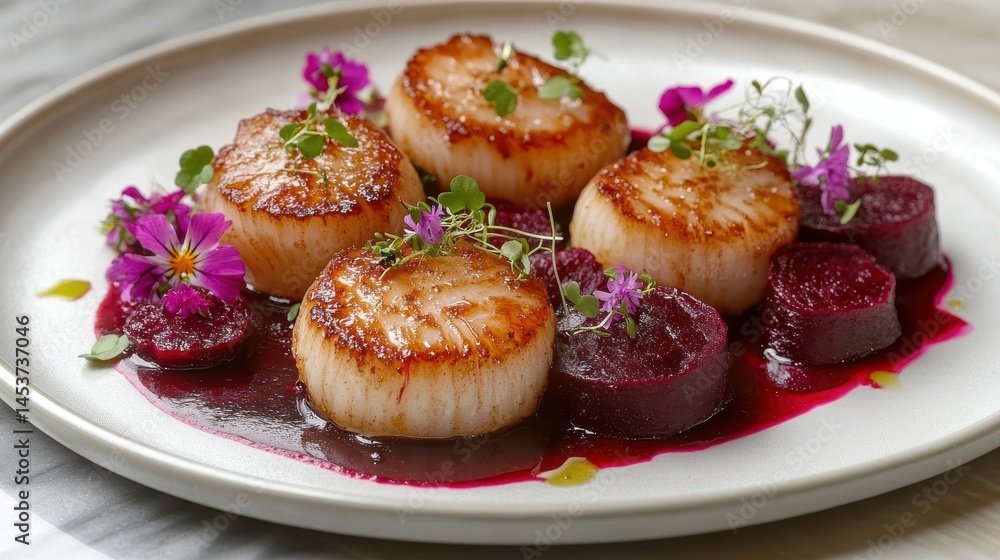 Elegant plated dish featuring seared scallops with beetroot puree and edible flowers Elegant plated dish featuring seared scallops with beetroot puree and edible flowers