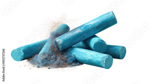 Blue Chalk: The image displays a collection of vibrant, blue chalk sticks, accompanied by a cloud of chalk dust, emphasizing the tools used for artistic and educational purposes.