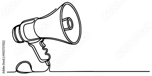 Simple Megaphone Drawing, Minimalist Approach to Sound Projection, illustration uses a single, uninterrupted line to depict a megaphone, reflecting themes of sound amplification, and public discourse