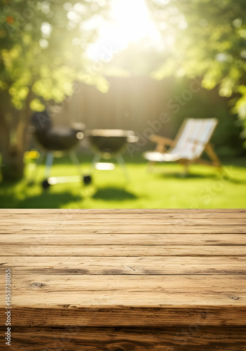 Empty wooden table in blurred backyard setting perfect for summer barbecue grill party products display montage
