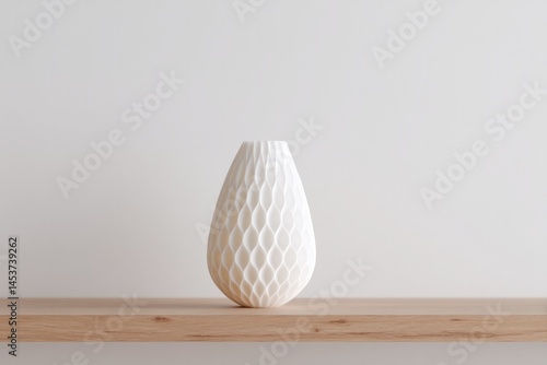modern 3d printed vase stands lone on minimalist wooden shelf
