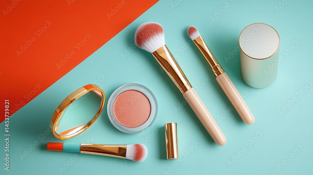 Modern makeup tools on a geometric background with contrasting colors Modern makeup tools on a geometric background with contrasting colors