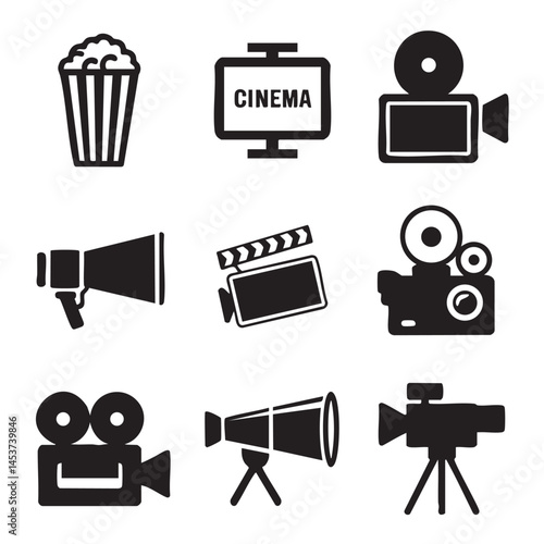 Retro cinema themed icons with popcorn megaphone and film camera in silhouette vector 8x8 grid
