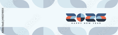 2026 Happy New Year Abstract banner design in retro style made of various geometric shapes in perfect colors. Landing Page. Brochure. Card. Template.