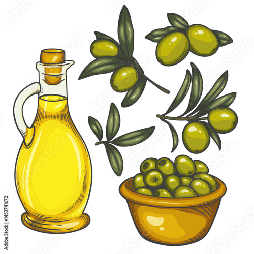 Hand-drawn vector illustration of olives and olive oil. Includes glass bottle of olive oil, green olives in a bowl, and olive branches with leaves. Vintage color sketch style.