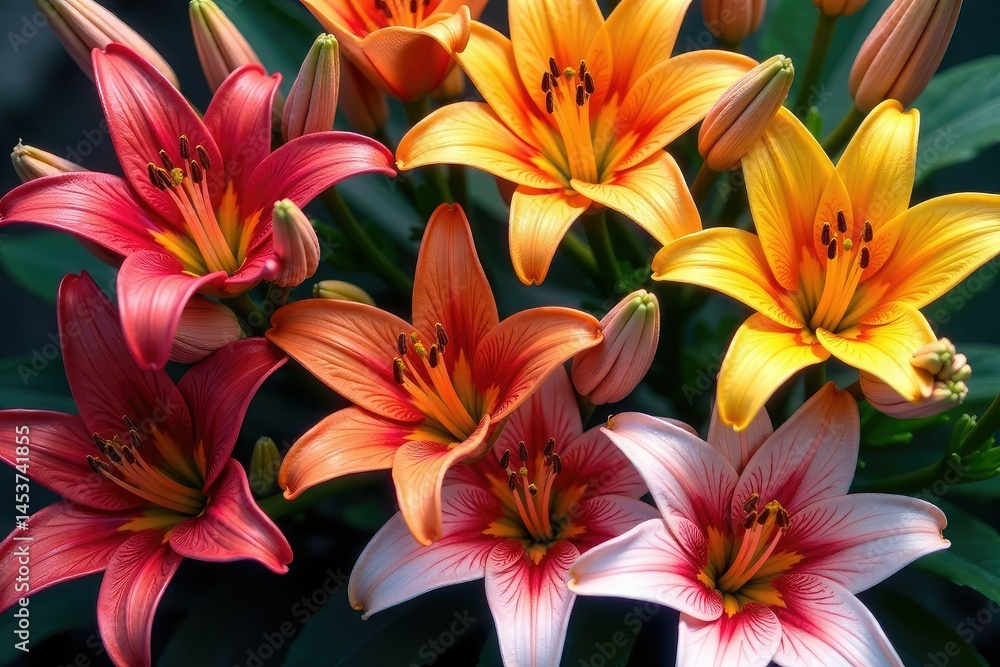 Fototapeta premium Bold stylized lilies, vibrant color, dense arrangement , bright, contemporary, overlay