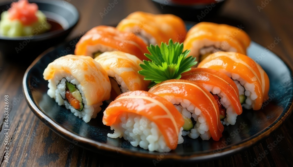 Colorful sushi platter, various rolls, soy sauce dish, cuisine, japanese, cucumber Colorful sushi platter, various rolls, soy sauce dish, cuisine, japanese, cucumber