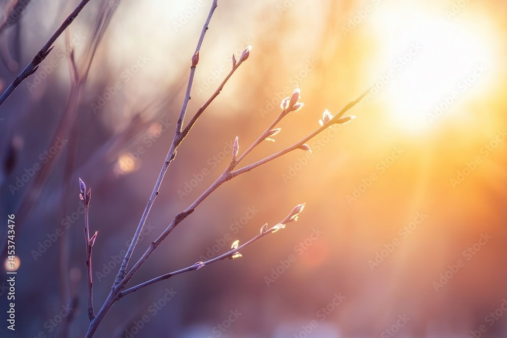 Delicate buds on branches illuminated by warm sunlight during a serene spring evening Delicate buds on branches illuminated by warm sunlight during a serene spring evening