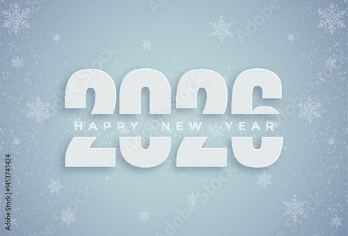 Happy New Year 2026. Vector illustration of a paper cut holiday with sparkling confetti particles. A festive event banner. Decoration elements for poster or cover designs.