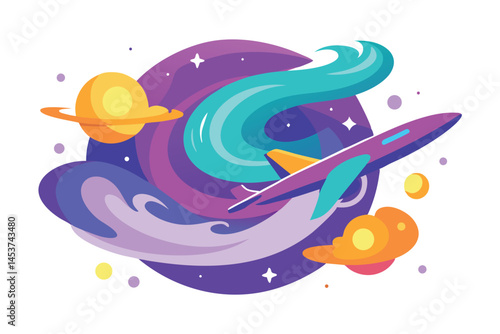 A vibrant airplane navigates through a whimsical universe with planets and colorful cosmic swirls