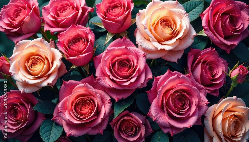 Naklejka premium Intricate blooming roses, densely packed, vibrant hues , repeat, repeating, illustration