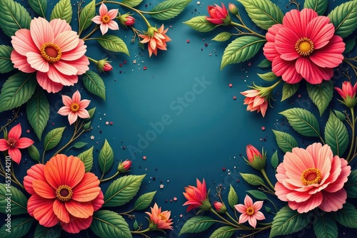 Intricate floral tapestry, vibrant blooms & lush leaves, detail, antique