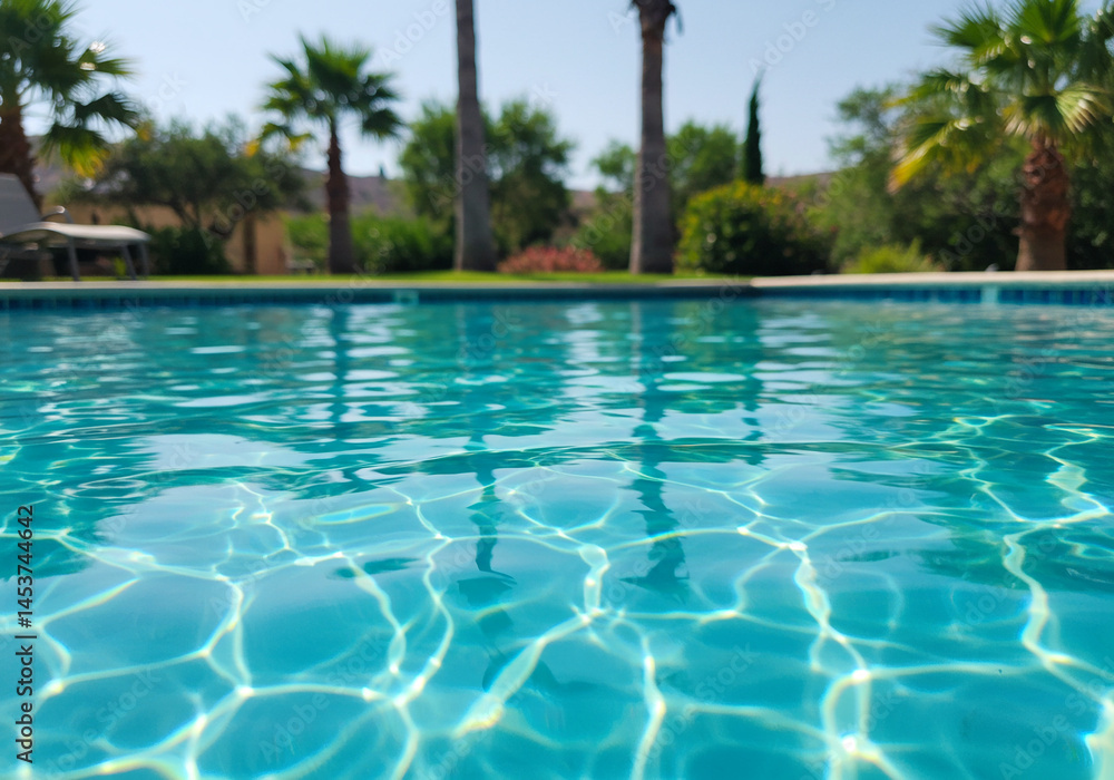 View of swimming pool with light reflections and palm trees in the background View of swimming pool with light reflections and palm trees in the background