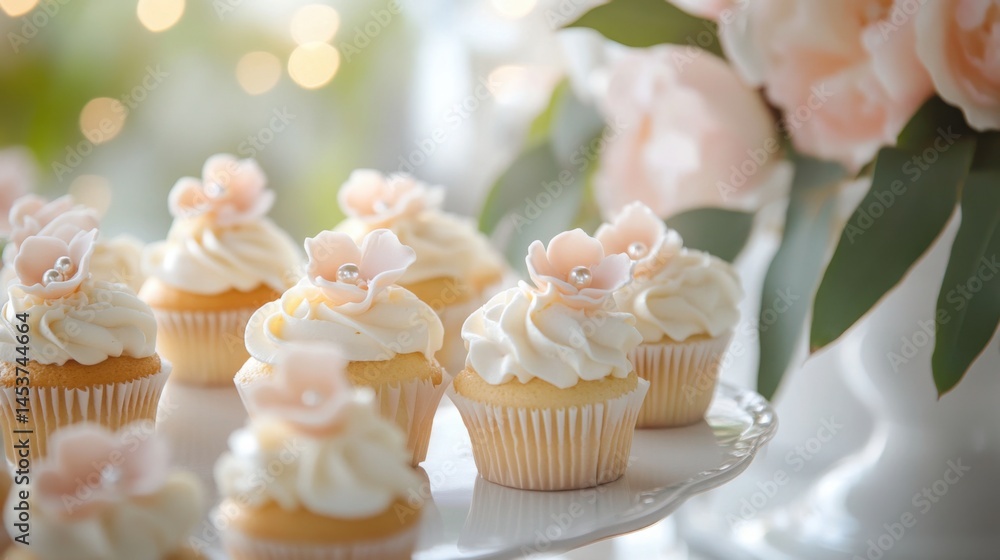 Luxurious wedding dessert table with beautifully decorated cupcakes and flowers Generative AI Luxurious wedding dessert table with beautifully decorated cupcakes and flowers Generative AI