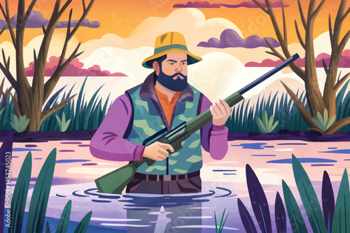 Hunter man stealthily moving through swamp during hunting season, wearing camouflage gear in wetland environment. Ideal for outdoor adventure, wildlife tracking, and tactical survival design themes