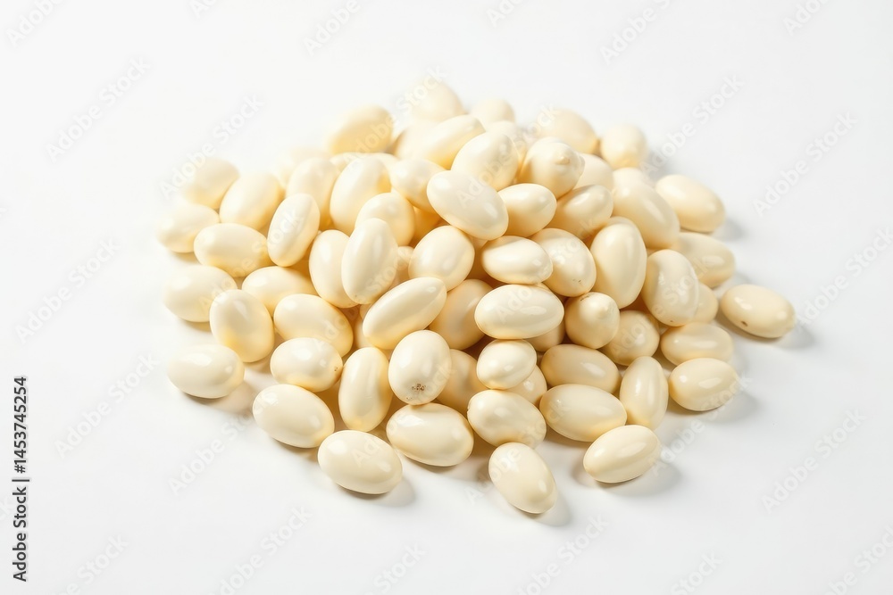 Pile of white beans against pure white backdrop, background, heap, natural Pile of white beans against pure white backdrop, background, heap, natural