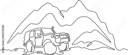 Continuous one line drawing SUV in nature. High mountains. Car trip. One continuous line isolated minimal illustration. Editable Stroke.